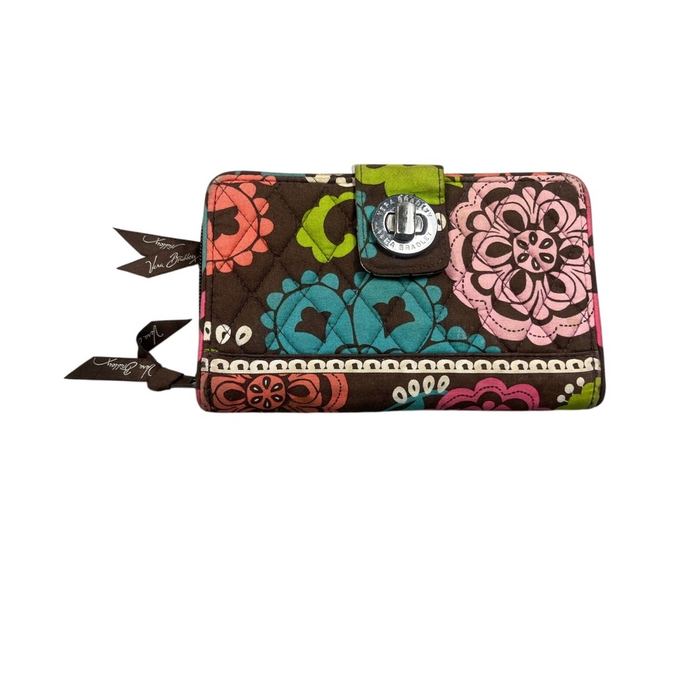 Vera Bradley Quilted Turn Lock Wallet Brown Pink Floral Retired Print